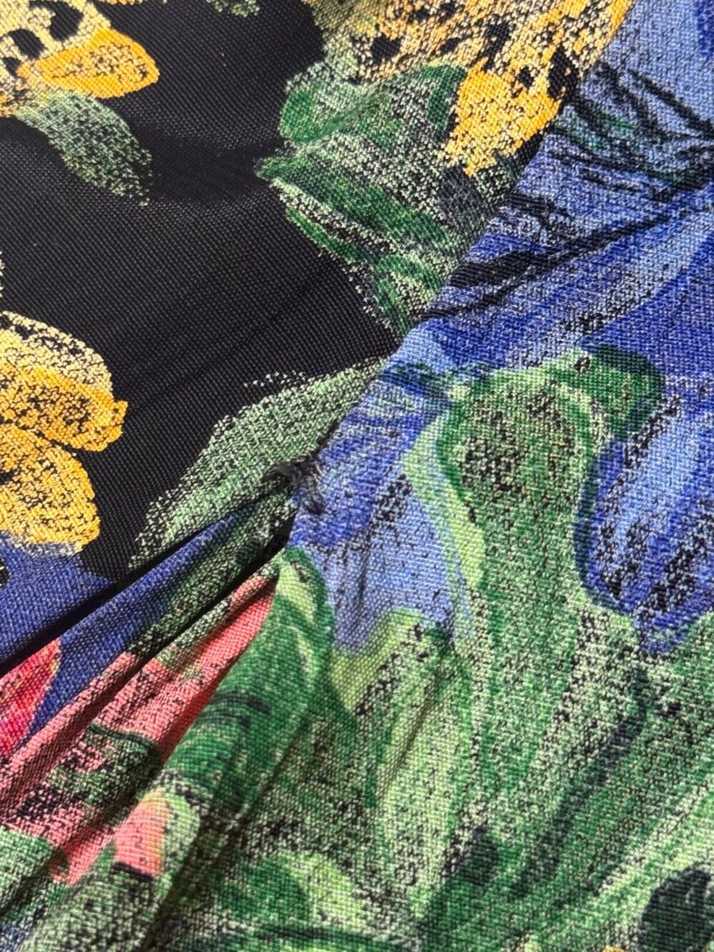 Vtg 90s Olive Painted Floral Maxi Dress Sz L Tie Back Rayon Pleated Artsy Whimsy - Picture 12 of 13